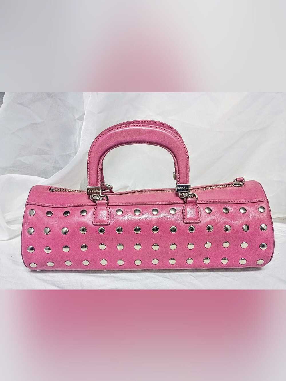 BCBGirls Pink Studded Barrel Bag VTG Y2K Leather Cylinder Purse Butterfly Lining